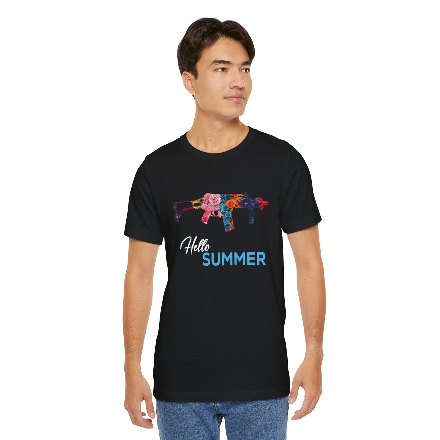 Hello Summer Floral Gun Graphic Tee Unisex Jersey Short Sleeve Shirt Black