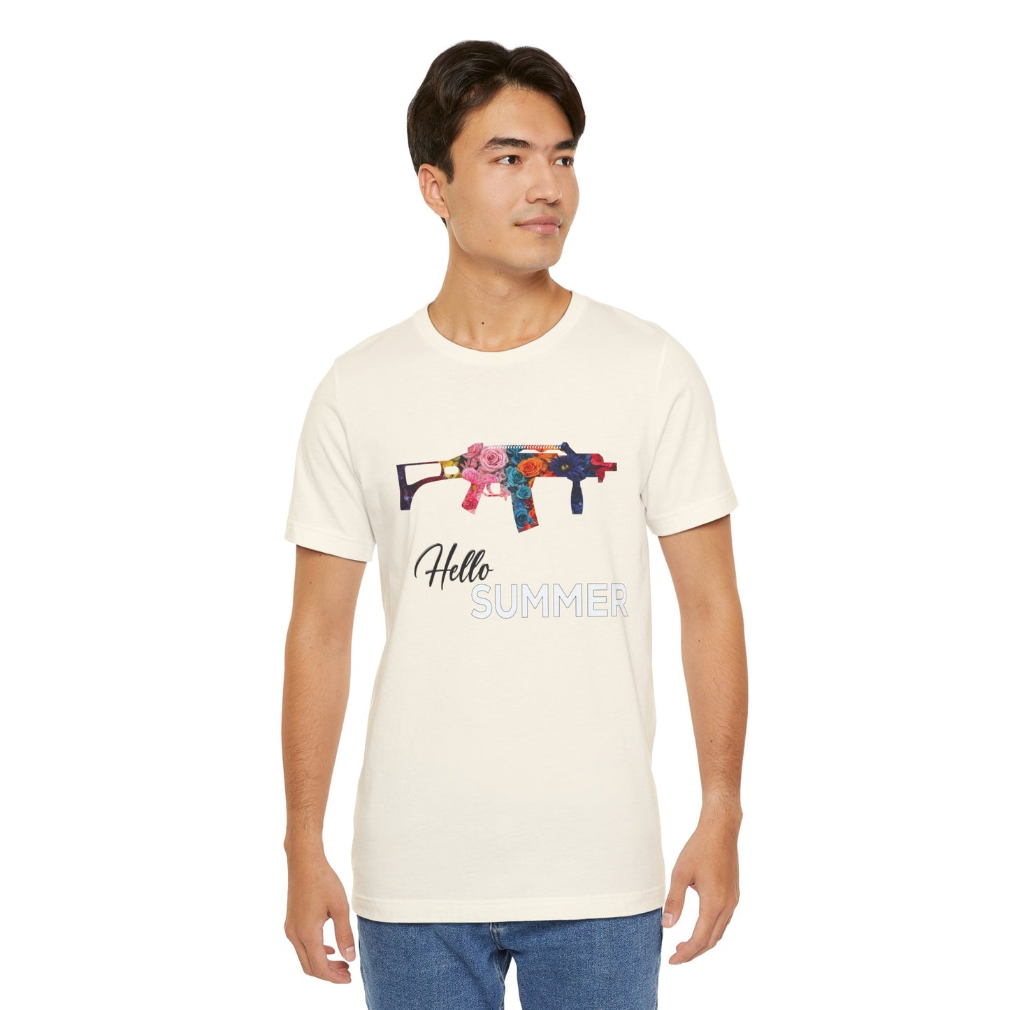 Hello Summer Floral Gun Graphic Tee Unisex Jersey Short Sleeve Shirt white