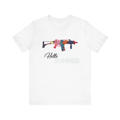 Hello Summer Floral Gun Graphic Tee Unisex Jersey Short Sleeve Shirt white