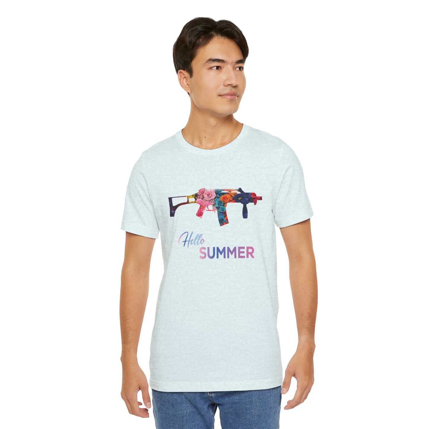 Hello Summer Floral Gun Graphic Tee  Unisex Jersey Short Sleeve Shirt