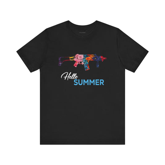 Hello Summer Floral Gun Graphic Tee Unisex Jersey Short Sleeve Shirt Black