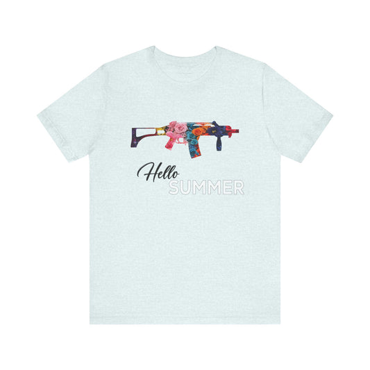 Hello Summer Floral Gun Graphic Tee Unisex Jersey Short Sleeve Shirt white