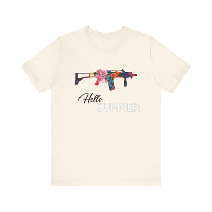 Hello Summer Floral Gun Graphic Tee Unisex Jersey Short Sleeve Shirt white