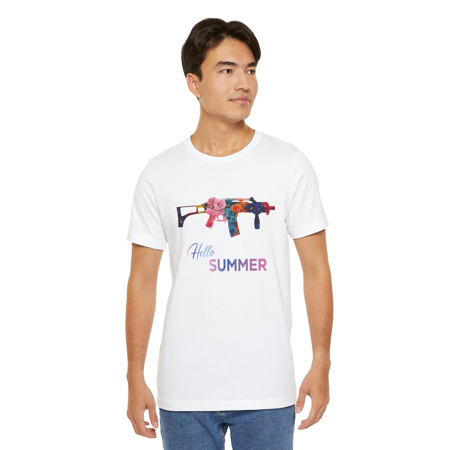 Hello Summer Floral Gun Graphic Tee  Unisex Jersey Short Sleeve Shirt
