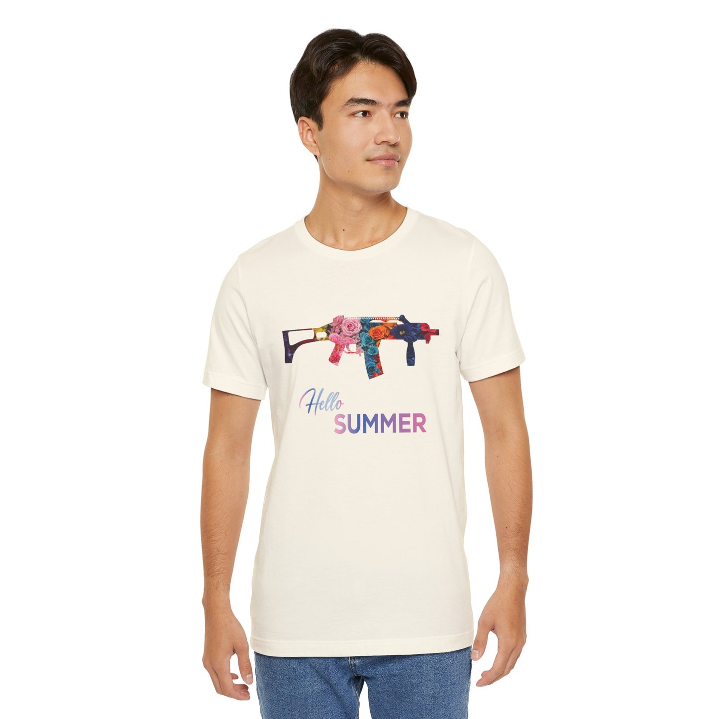 Hello Summer Floral Gun Graphic Tee  Unisex Jersey Short Sleeve Shirt