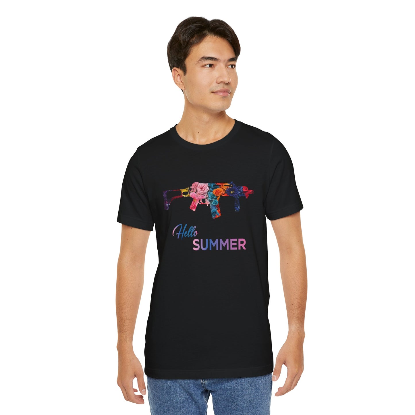 Hello Summer Floral Gun Graphic Tee  Unisex Jersey Short Sleeve Shirt