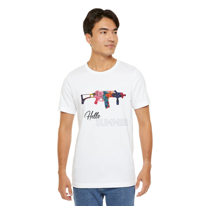 Hello Summer Floral Gun Graphic Tee Unisex Jersey Short Sleeve Shirt white