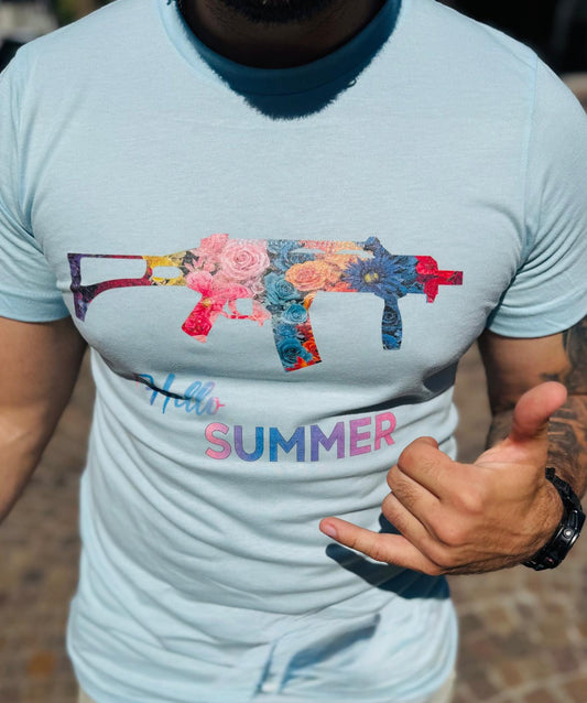 Hello Summer Floral Gun Graphic Tee  Unisex Jersey Short Sleeve Shirt